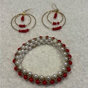 Stunning Red & Pearl Beaded Bracelet & Hoop Earring Set